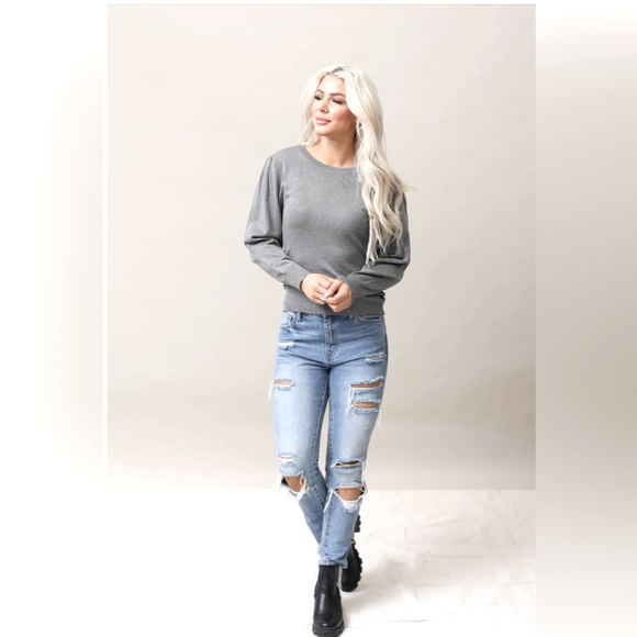 Sz S women Cielo Jeans USA crew neck puff sleeve soft and sexy stretch grey - Picture 2 of 14